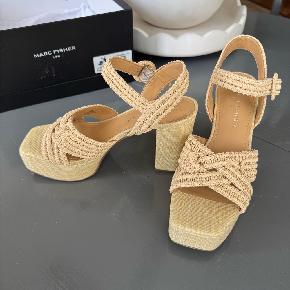 Marc Fisher Chesse rattan Cream Platform Shoes with Chunky Heel